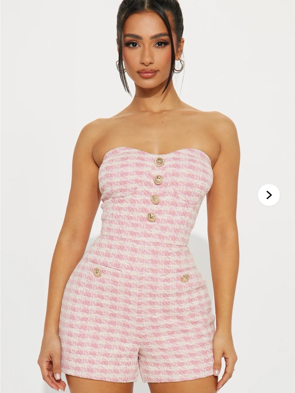 Strapless Pink Tweed Romper with Gold Buttons